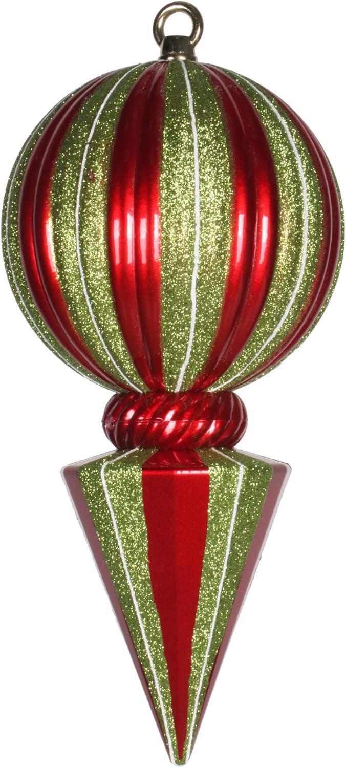 Vickerman 12" Red and Lime Striped Shiny Ball Finial Ornament with Glitter Accents