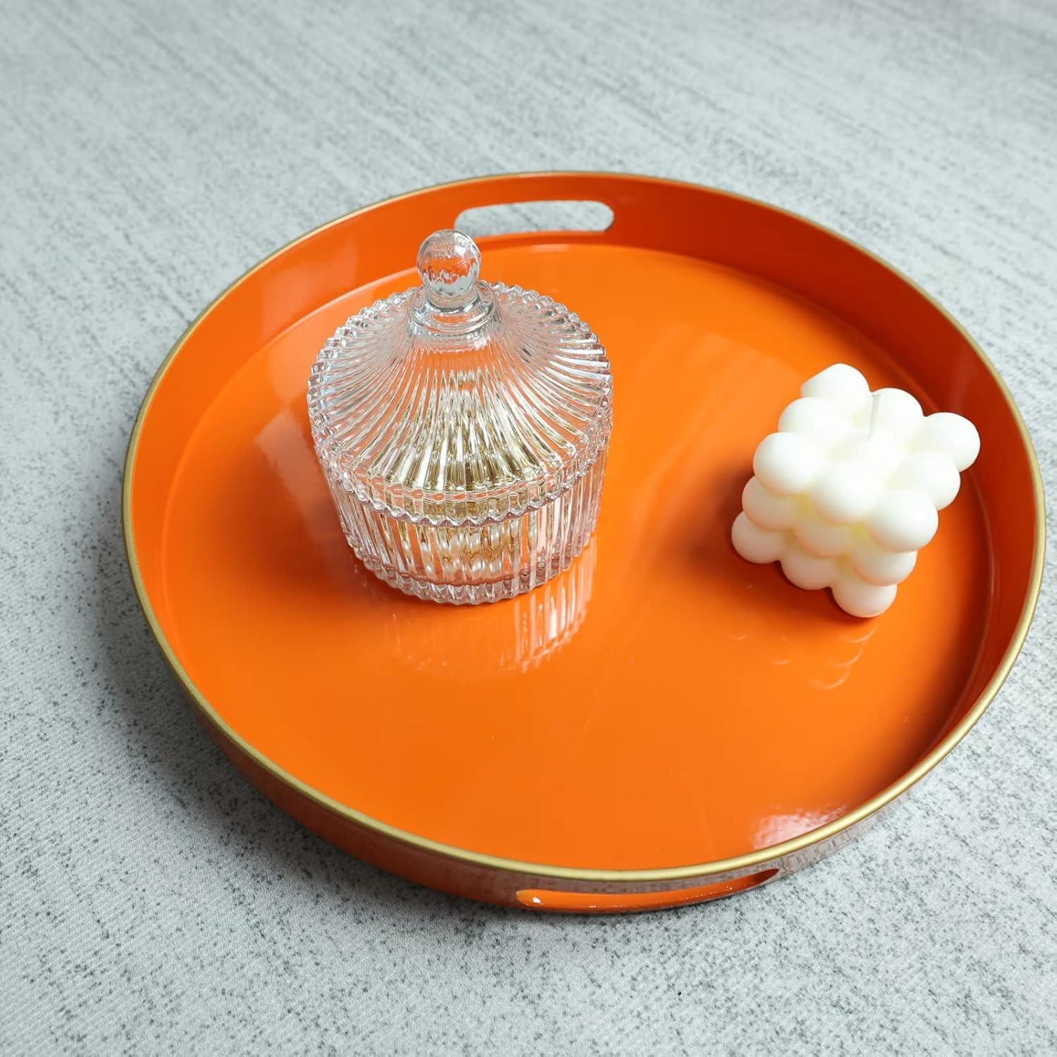 MAONAME 13" Round Tray, Orange Serving Tray with Handles, Modern Decorative Trays for Coffee Table, Plastic Ottoman Trays for Ottoman, Bathroom, Halloween Decor