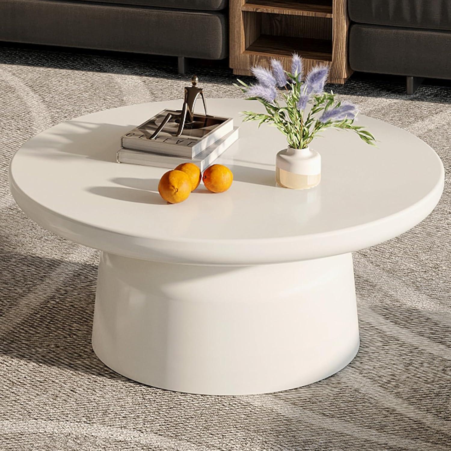 Abiral Cream White Round Coffee Table,Mid-Century Circular Tea Table