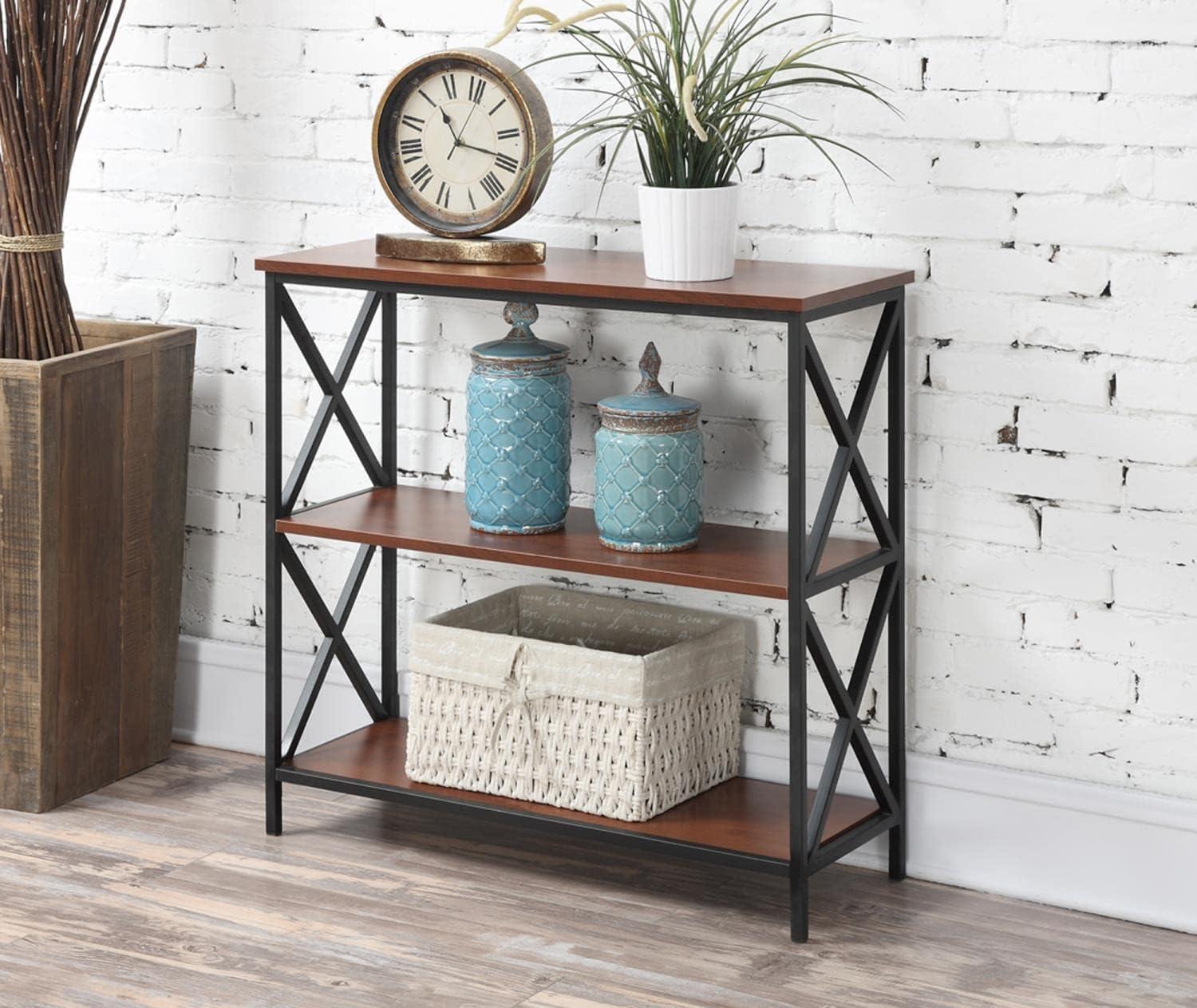 Tucson Modern Black Metal & Cherry Wood 3-Tier Bookcase