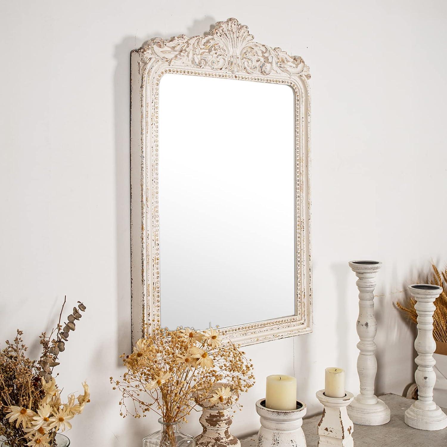 Ophelia & Co. Vintage Ornate Wood Framed Mirror Decorative For Wall 24" x 36", Hanging Distressed White Rustic Wall Mirrors