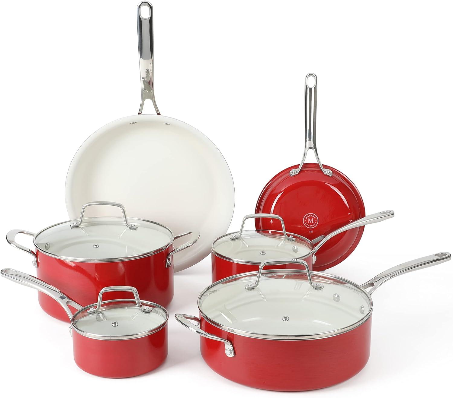 Red 10-Piece Aluminum Ceramic Nonstick Cookware Set