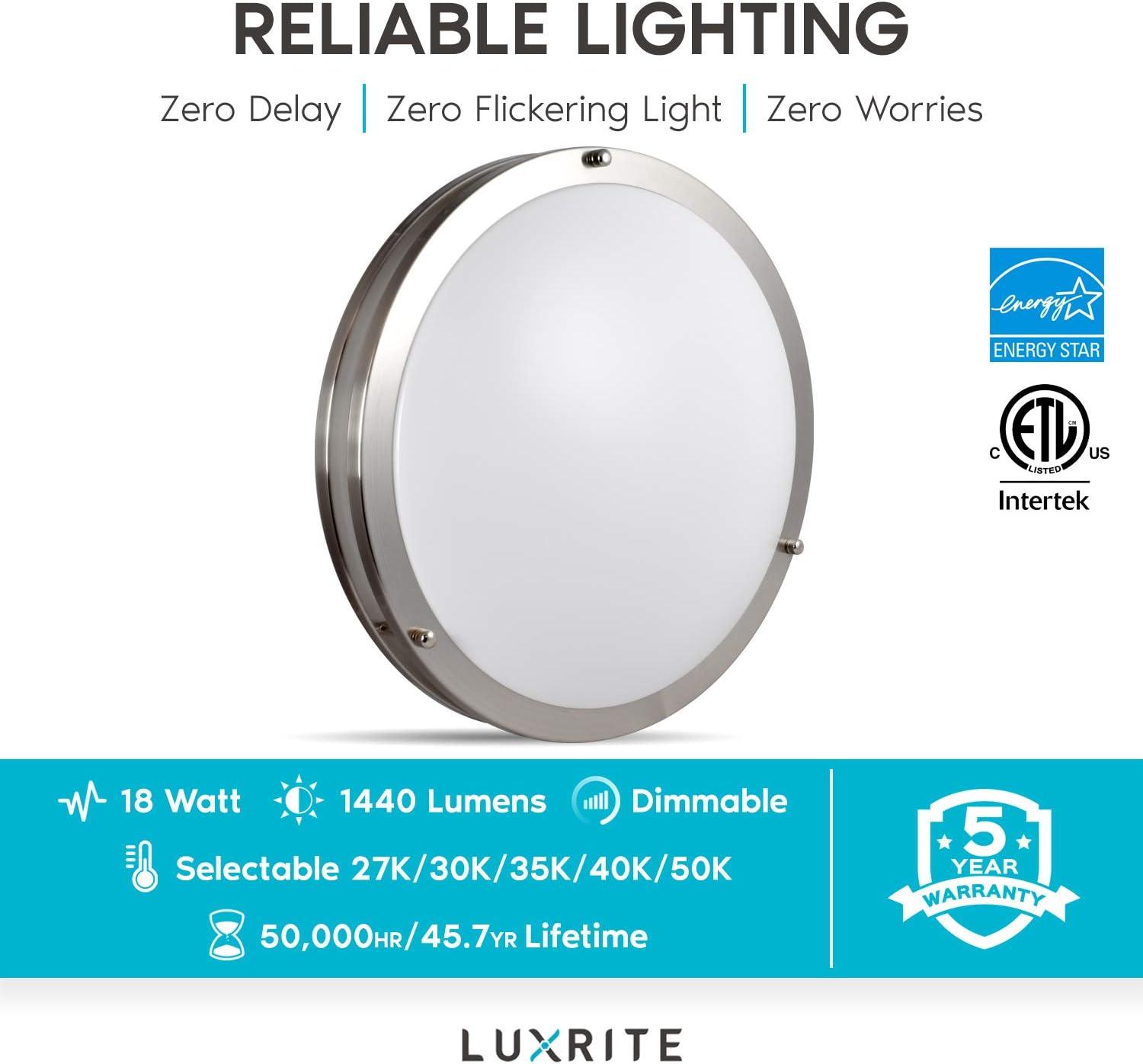 Luxrite 14 Inch LED Flush Mount Ceiling Light, Color Temperature Selectable 2700K / 3000K / 3500K / 4000K / 5000K