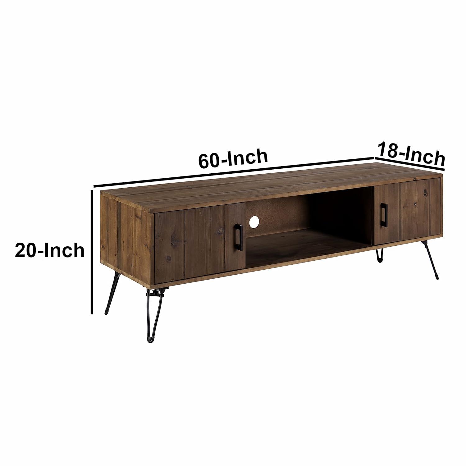 60 Inch Reclaimed Wood Rectangle Farmhouse Tv Stand Media Console, 2 Doors, Iron Legs, Natural Brown