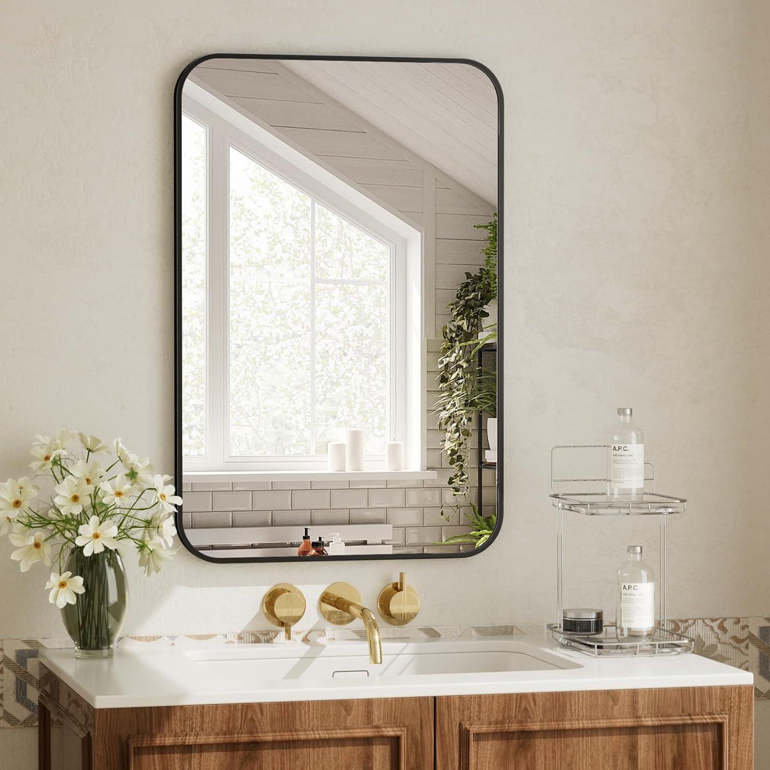 BEAUTYPEAK 20" x 28" Rectangular Aluminum Alloy Frame Wall Mounted Bathroom Mirror with Rounded Corners, Black