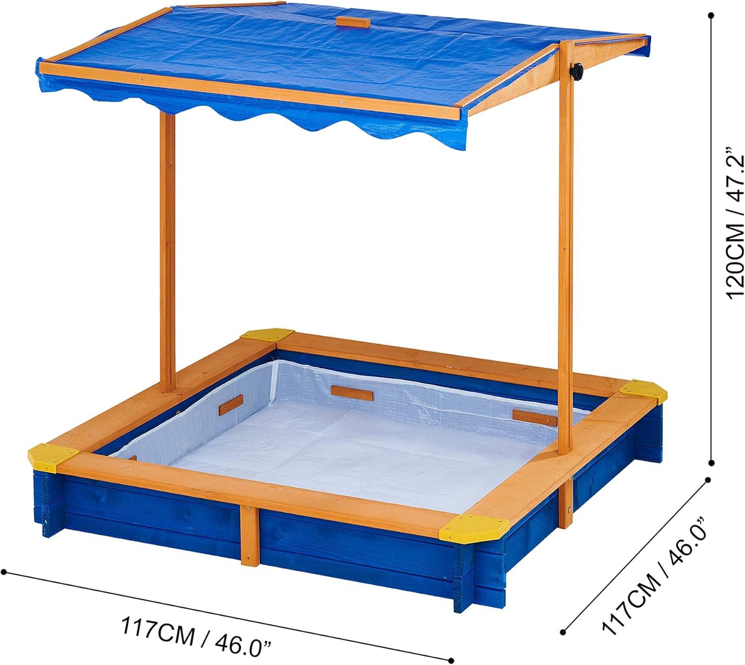 Teamson Kids Outdoor 46" x 46" Spruce Sand Box with Adjustable Canopy, Blue/Wood