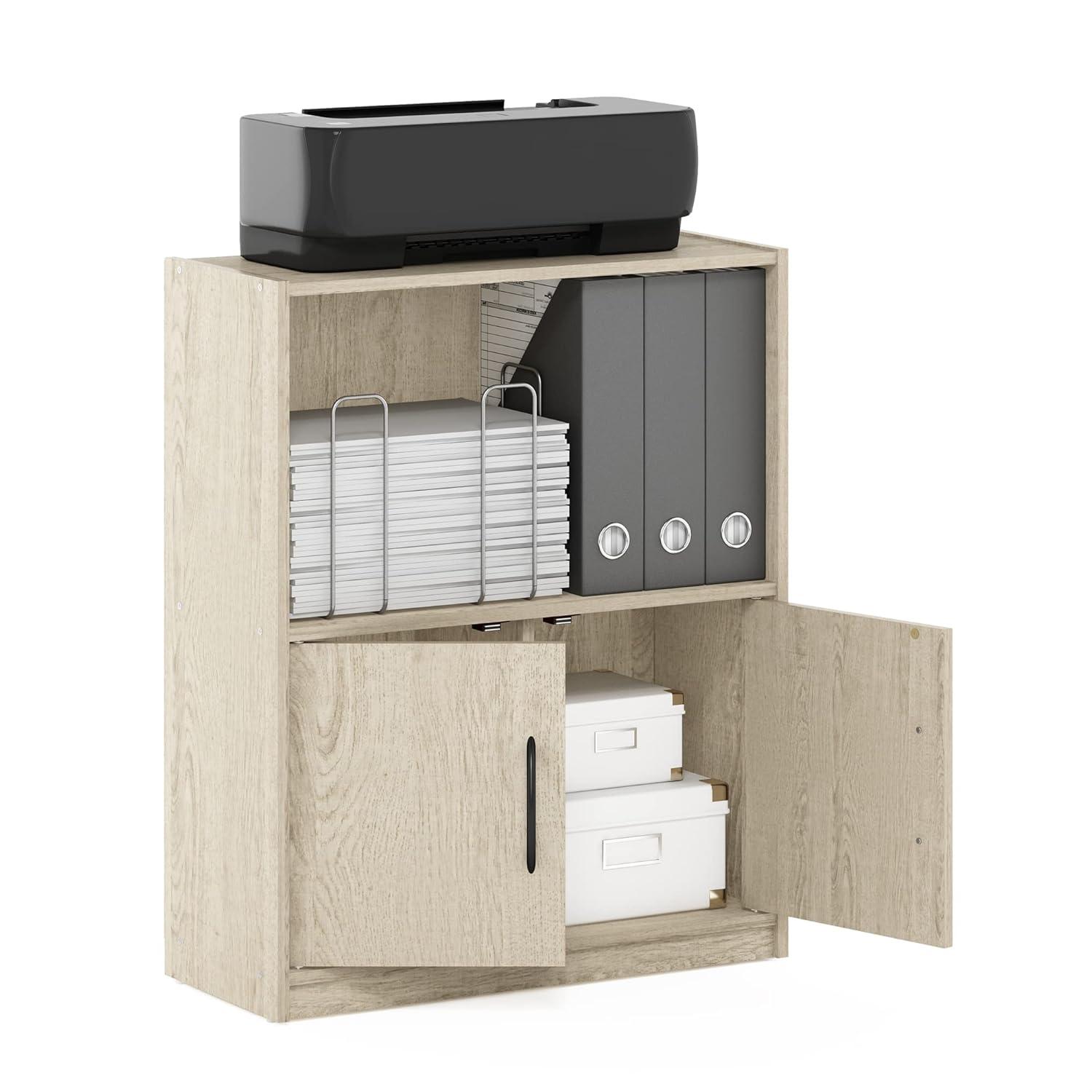 Furinno Gruen 2-Tier Open Shelf Bookcase with 2 Doors Storage Cabinet, Metropolitan Pine