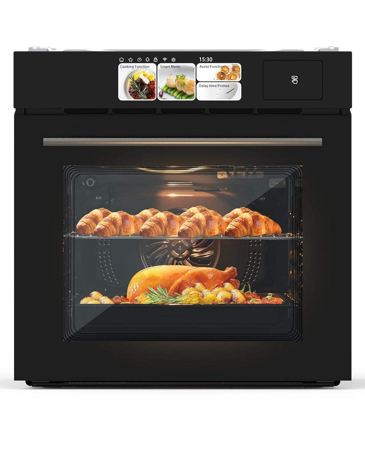 24" Electric Ovens Single Wall Oven,2.5Cu.ft Convection Built-in Oven,with 8 Cooking Mode, 3000W, 240V,  Stainless Steel, Colorful Touch Screen, Transparent Window, Black