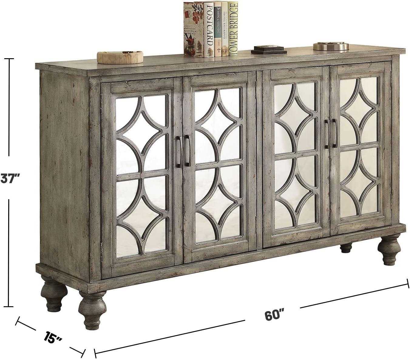 Velika Weathered Gray Wooden Console Table with Mirrored Doors