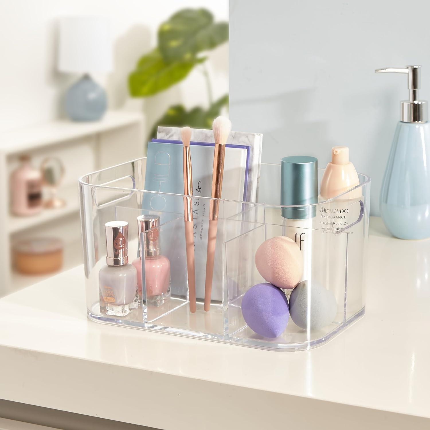 Clear 5-Compartment Plastic Makeup Organizer with Handles