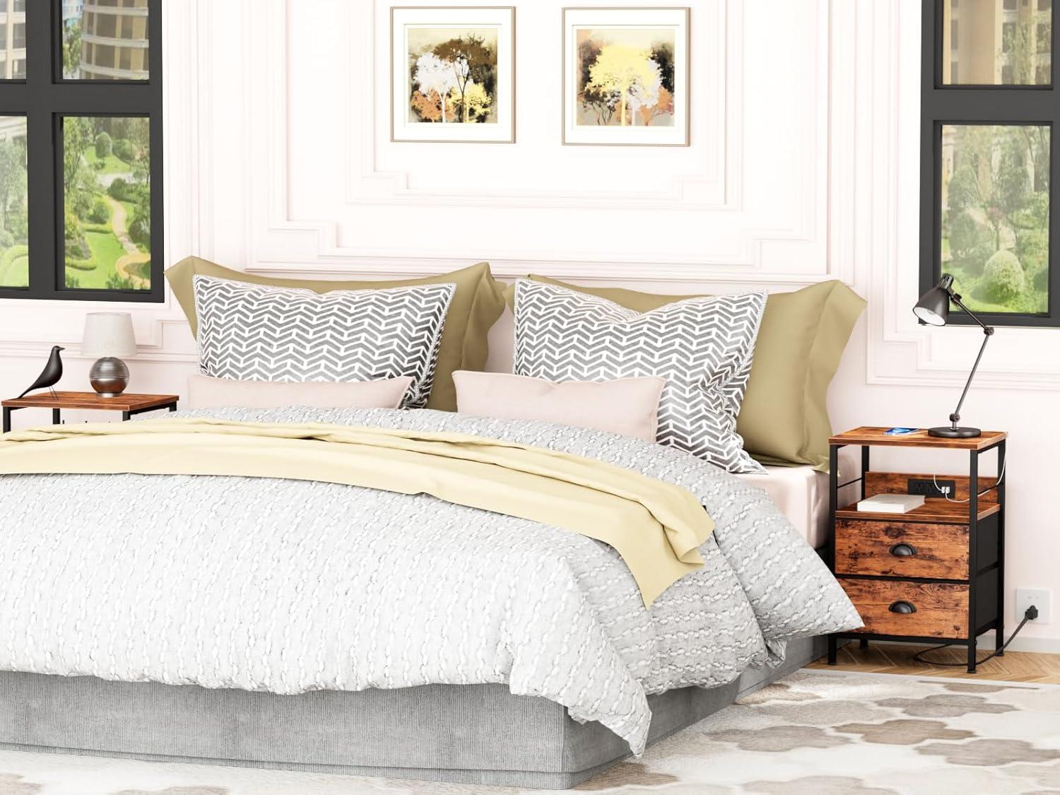 Furologee Nightstand Set of 2, Rustic Brown, with Charging Station and USB Ports, Side Tables with 2 Fabric Drawers, Bedside Tables with Storage Shelf & Hooks, for Living Room/Bedroom