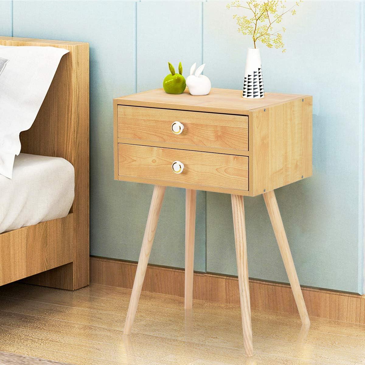 Mid Century Modern Natural 2-Drawer Nightstand with Solid Wood Legs