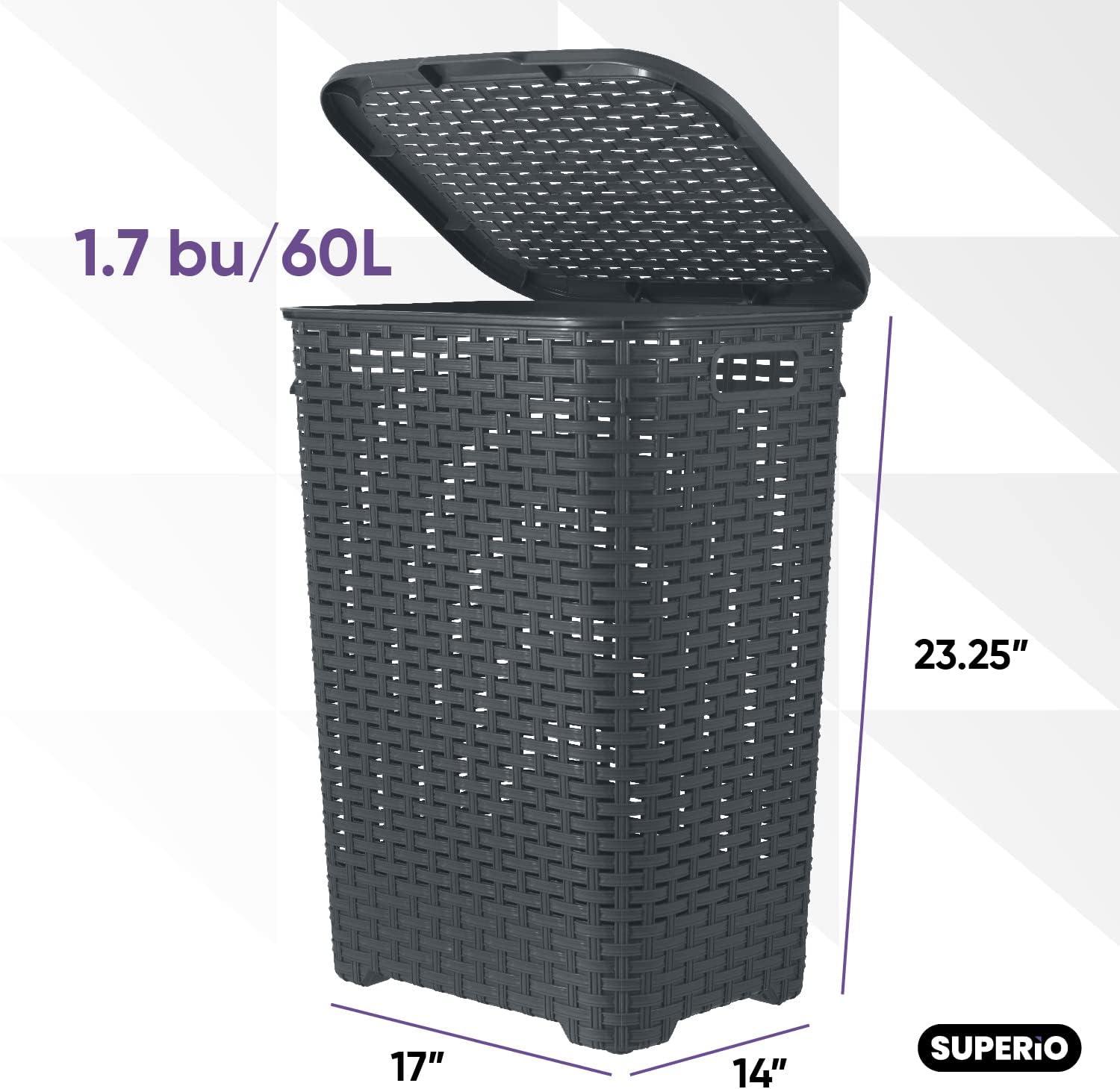 Gray Wicker Upright Hamper with Hinged Lid