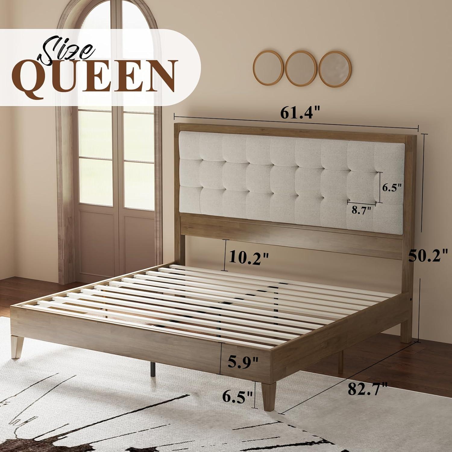 Jocisland Queen Bed Frame, Adult Wood Platform Bed with Upholstered Headboard, Ash Gray