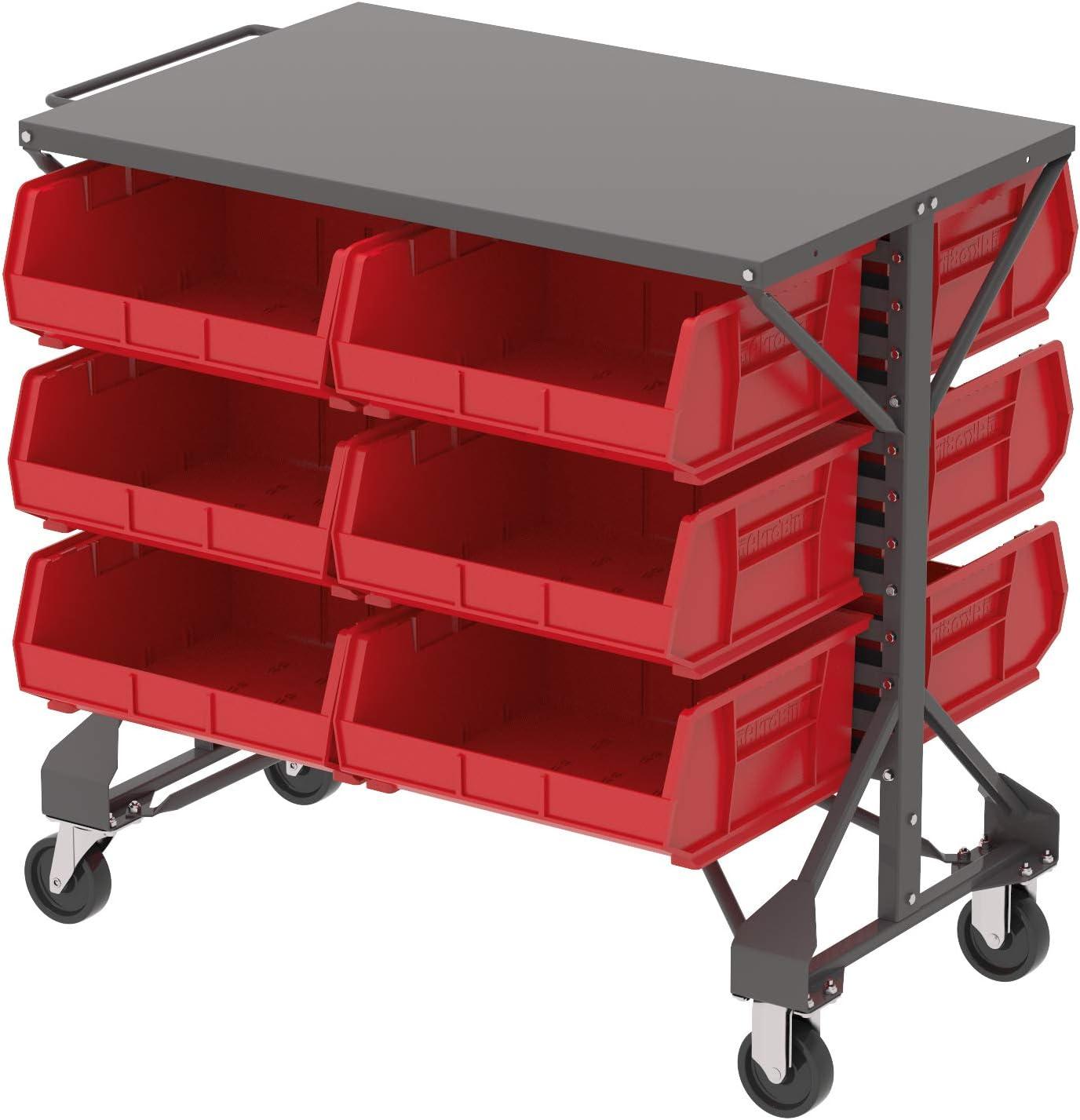 Gray Steel Mobile Bin Cart with Flat Shelf