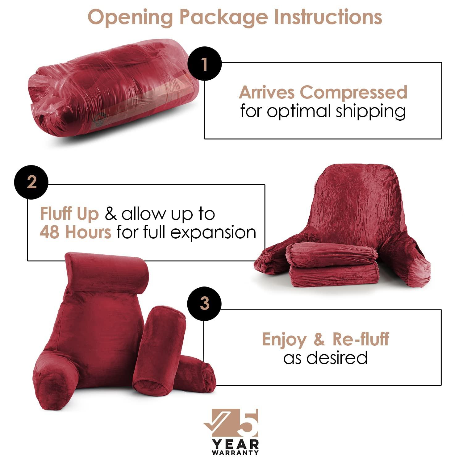 Nestl Reading Pillow with Shredded Memory Foam Includes 2 Neck and Lumber Support Pillows, Designed for Sitting Up in Bed and Couch, Back and Arms Adjustable Support for Adult & Teens, Red