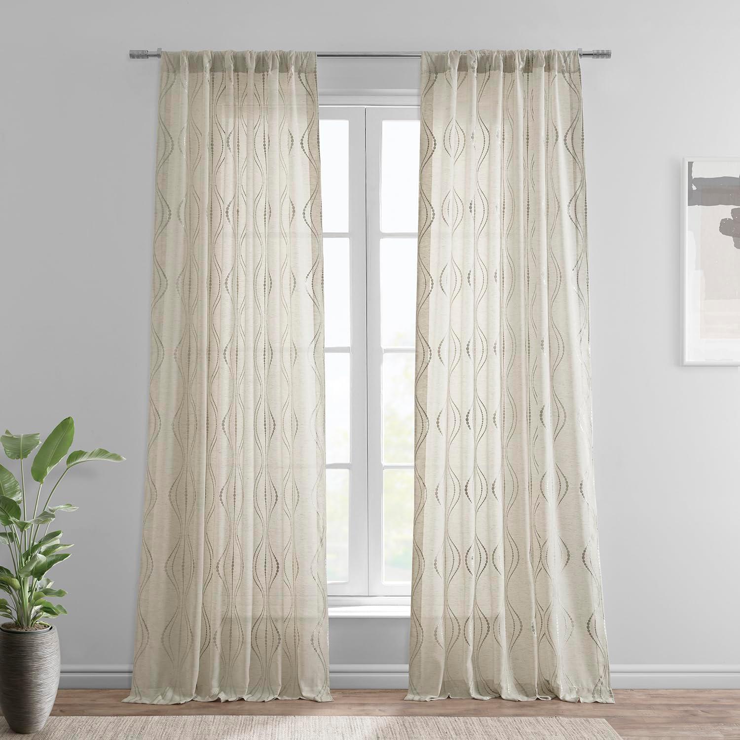 Suez Natural Embroidered Faux Linen Sheer Curtain (1 Panel), Suez Natural, 50W X 96L