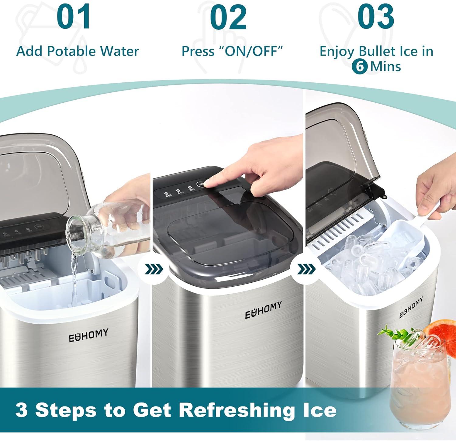Ice Maker Countertop with Handle, 26lbs in 24Hrs, 9 Ice Cubes Ready in 6 Mins, Auto-Cleaning Portable Ice Maker with Basket and Scoop, for Home/Kitchen/Camping/RV. (2024 New Silver) Utensils