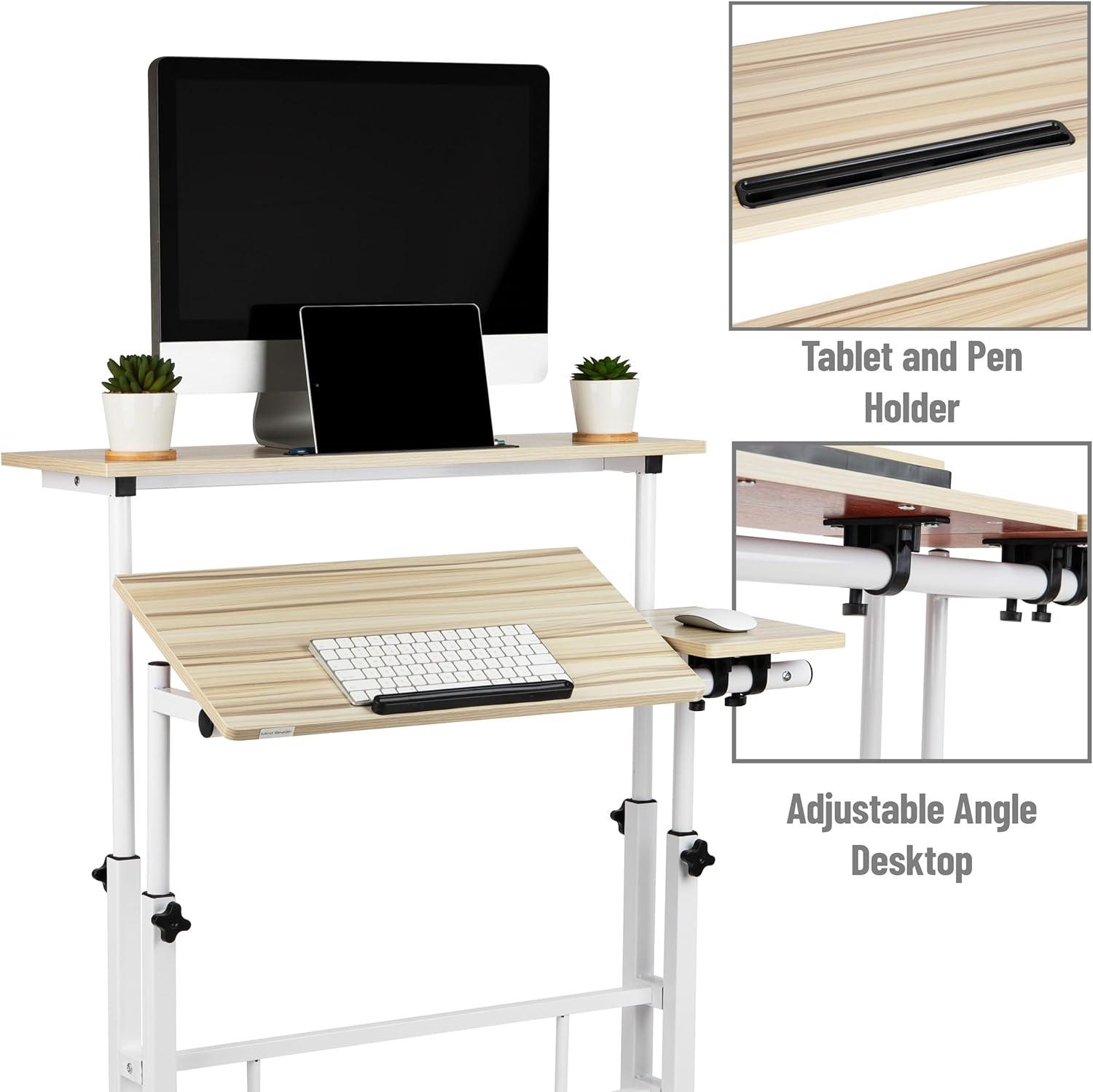 White Adjustable Height Mobile Standing Desk with Keyboard Tray