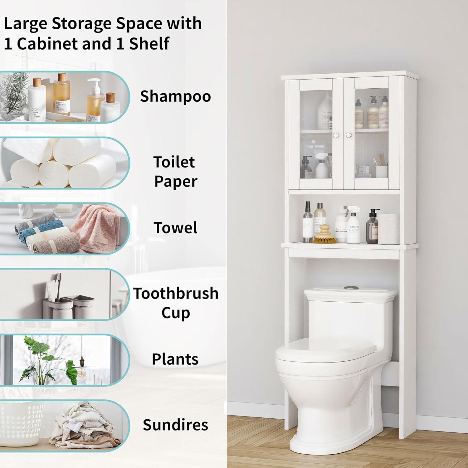 White Adjustable Over-the-Toilet Storage Cabinet with Glass Doors