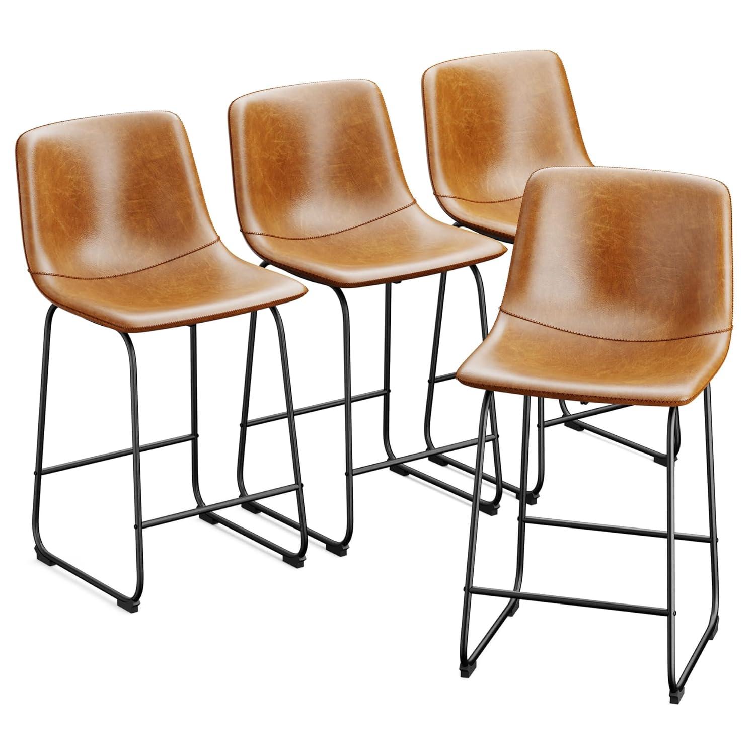WM 26 inch Counter Height Bar Stools Set of 4, Modern Faux Leather High Barstools with Back and Metal Leg, Bar Chairs for Indoor & Outdoor, Brown