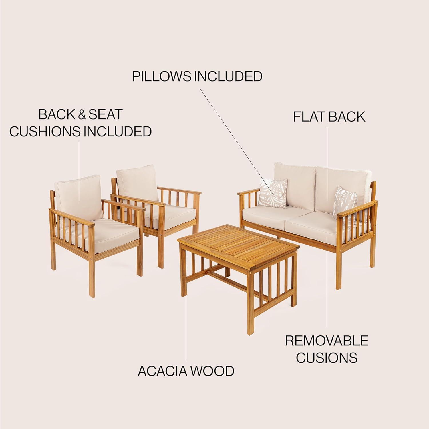 Everly 4-Piece Modern Cottage Acacia Wood Outdoor Patio Set with Cushions and Tropical Decorative Pillows - JONATHAN Y