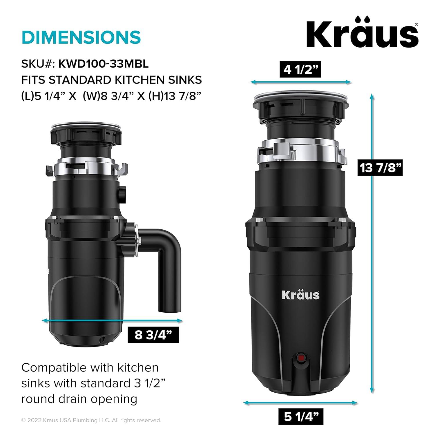 Kraus 1/3 HP WasteGuard High-Speed Ultra-Quiet Motor Garbage Disposal with Quick Connect Mount