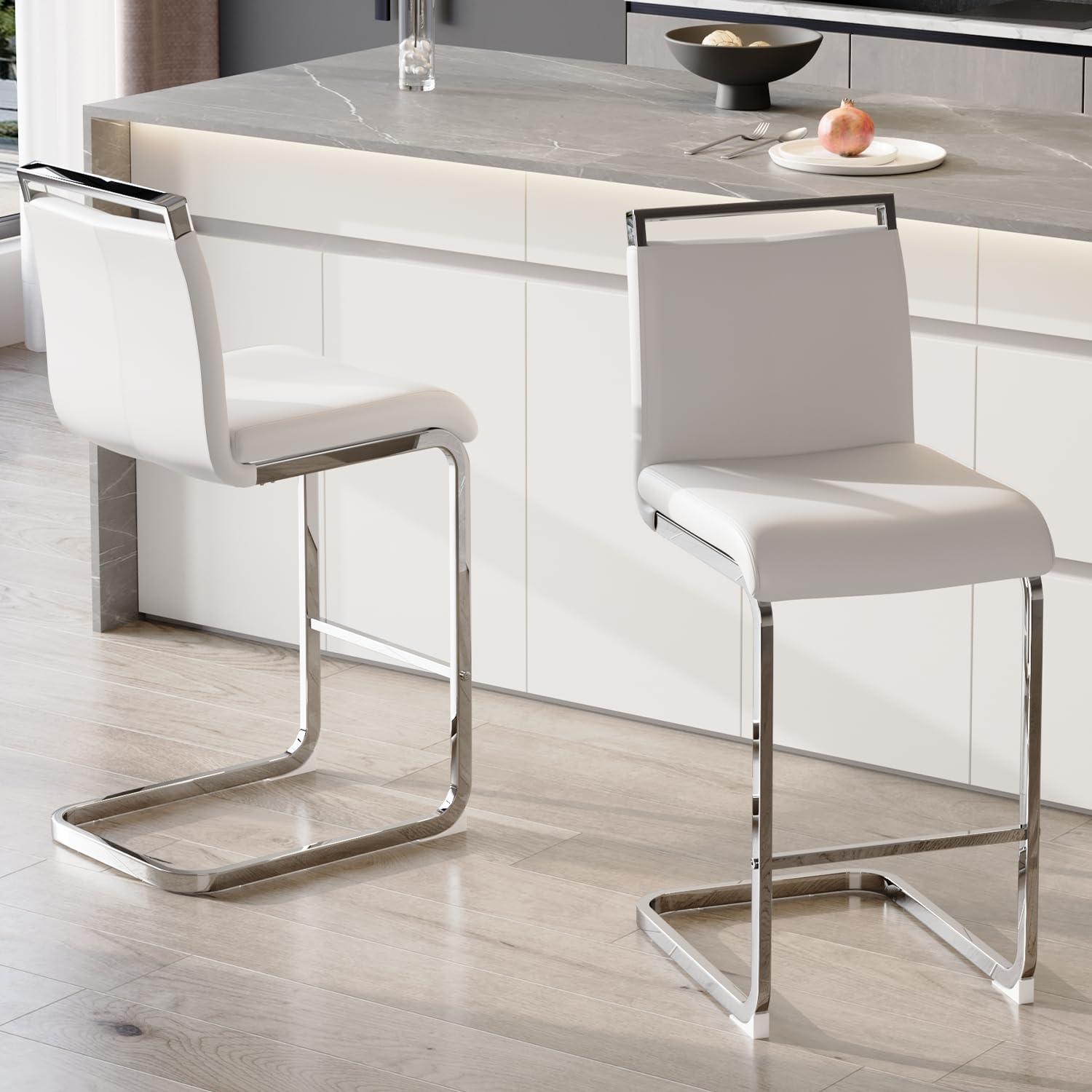 White Faux Leather and Chrome Counter Stools, Set of 2