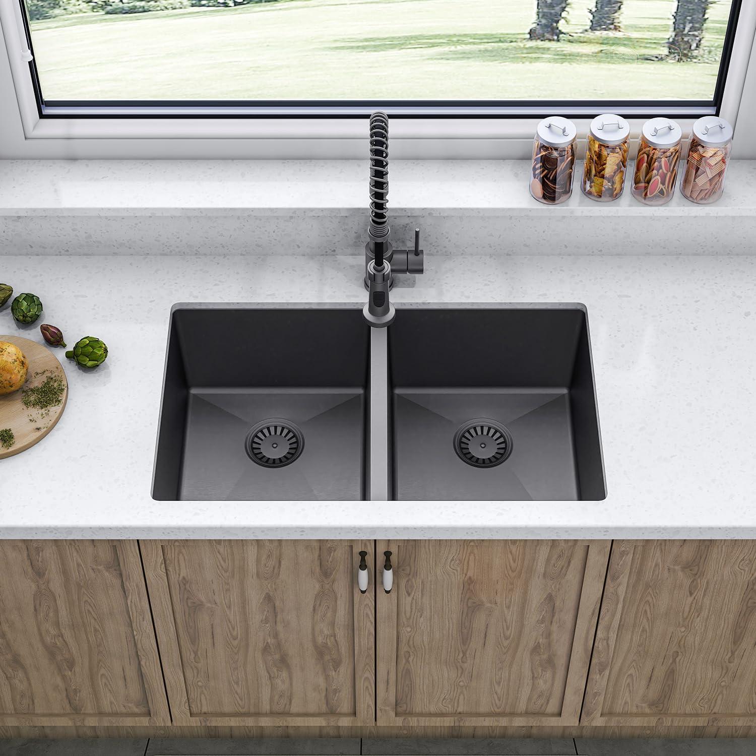 Sinber  Undermount Double Bowl 304 Stainless Steel Kitchen Sink 32" x 19" x 10"(18 Gauge Sink Only) - Black