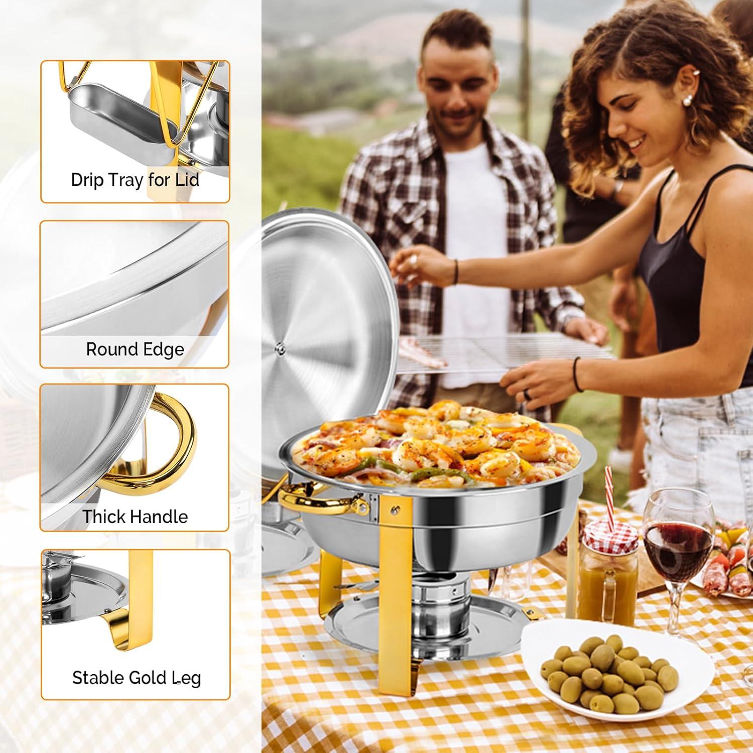 ROVSUN Gold Chafing Dishes for Buffet, 5 Qt 4 Pack Round Stainless Steel Chafing Dish Set with Lid Holder, Buffet Warmer Set for Parties, Christmas Gatherings, Catering Events, Weddings