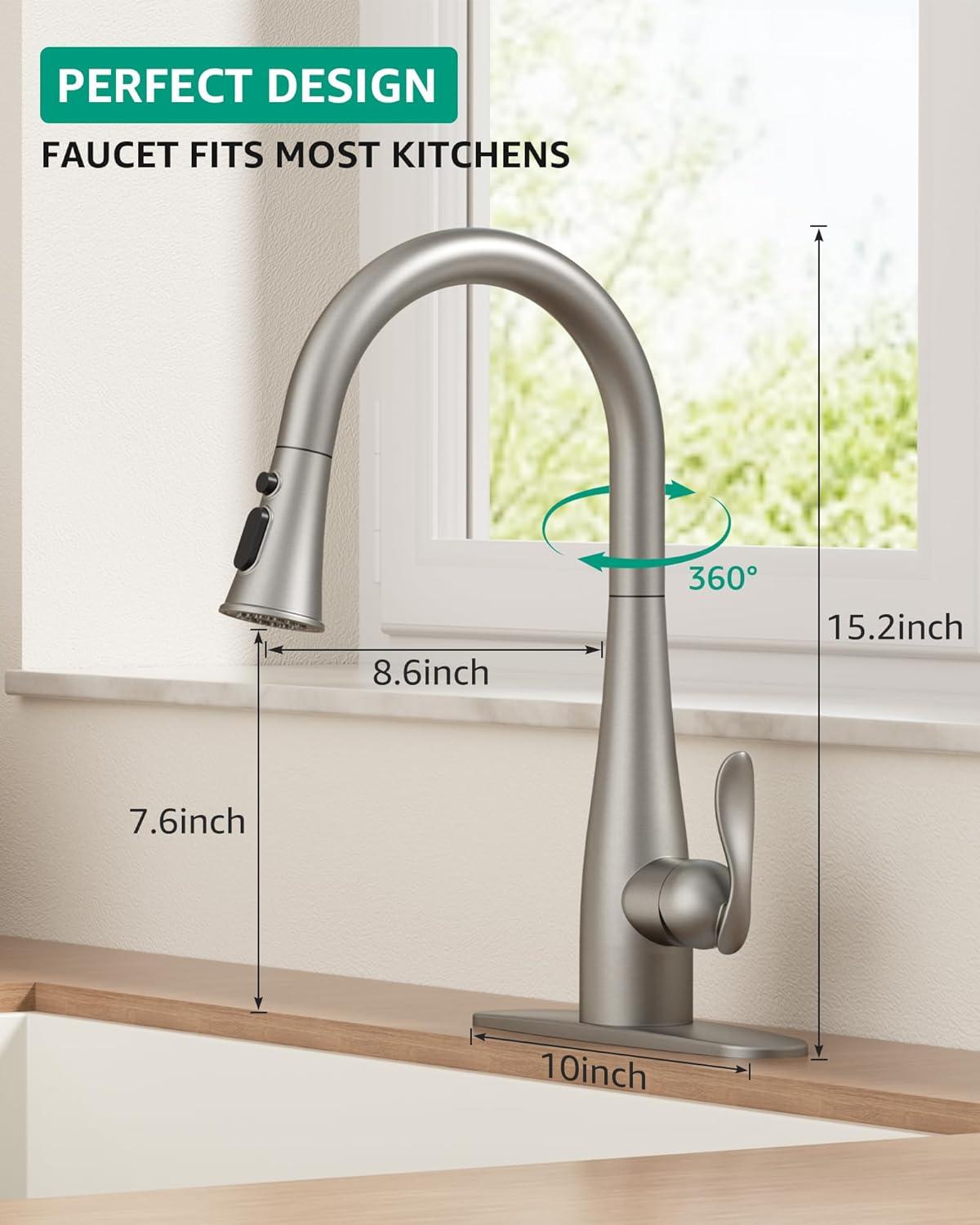 Brushed Nickel Kitchen Faucet with Pull Down Sprayer 1 Hole or 3 Hole Dual Function for Farmhouse Camper Laundry Utility Rv Wet Bar Stainless Steel Single Handle Pull Out Spring Sink Faucets