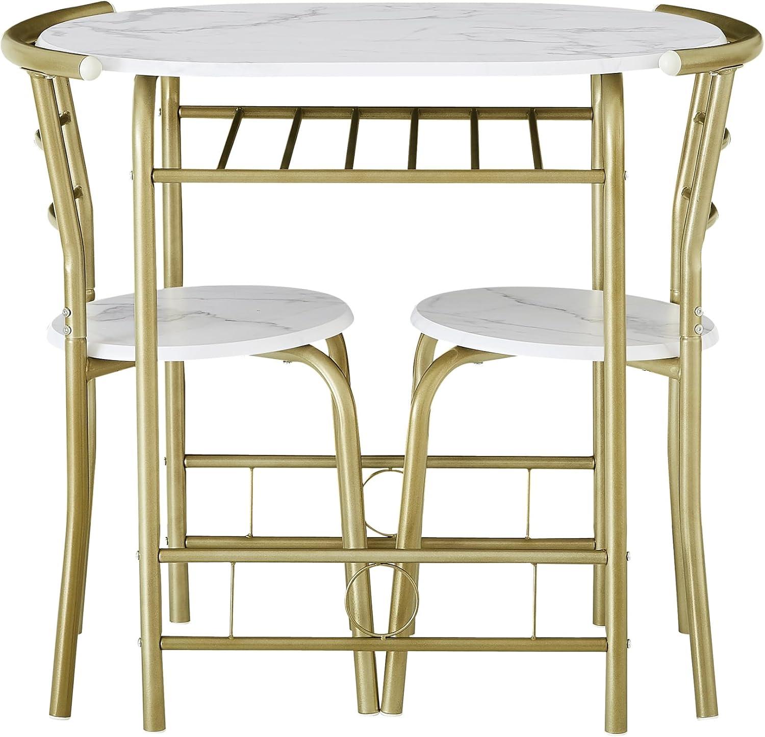 VECELO 3-Piece Dining Table Set for Kitchen Breakfast Nook, Wood Grain Oval Tabletop and Metal Frame with Built-in Wine Rack, for Small Spaces, 31.5", White & Gold