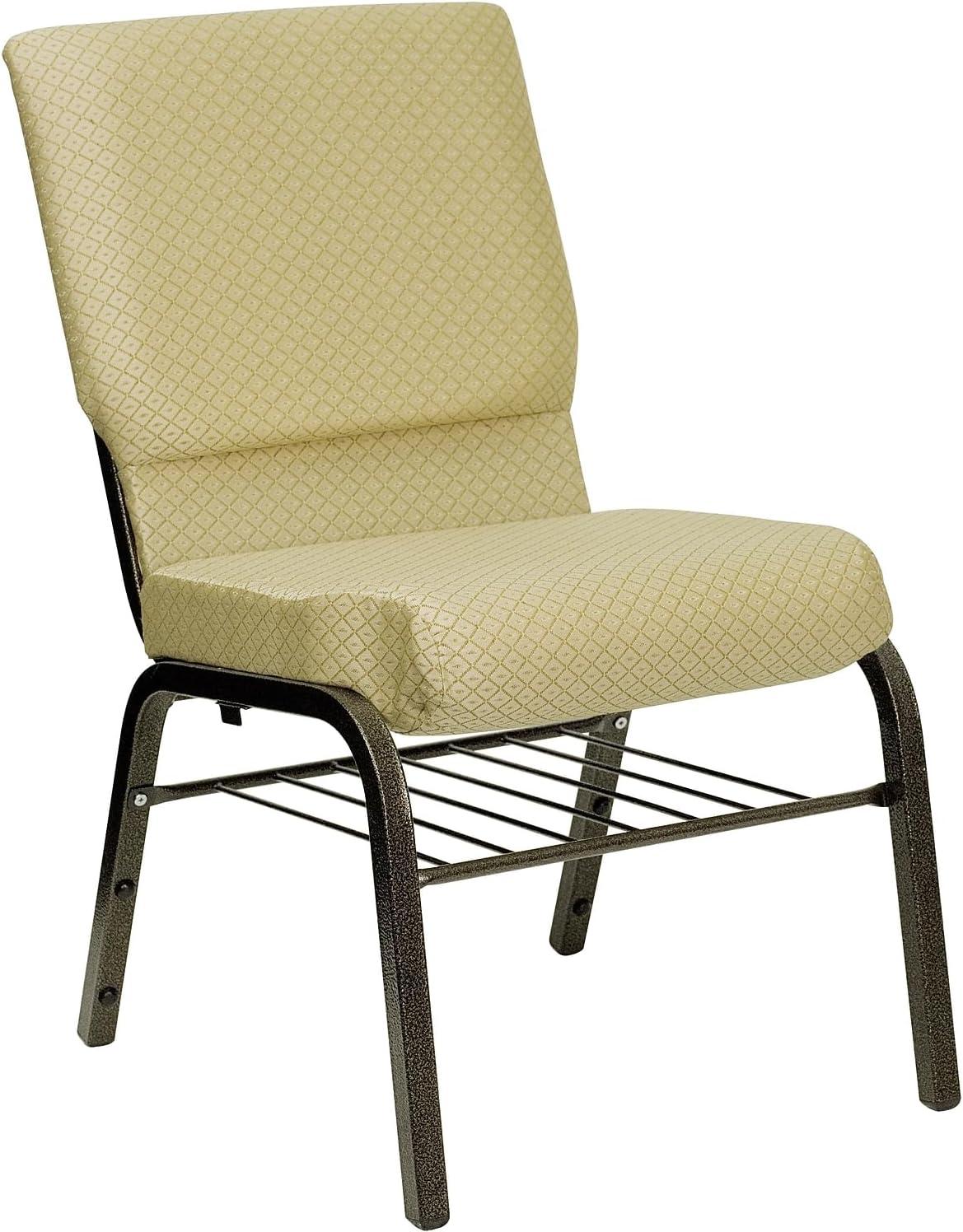 BizChair 18.5''W Church Chair in Navy Blue Patterned Fabric with Book Rack - Gold Vein Frame