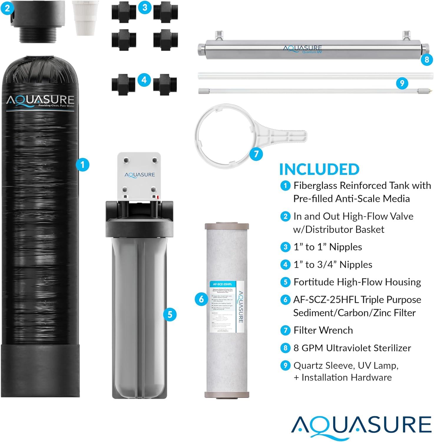 Aquasure 800K Gallons Whole House Salt-Free Water Conditioning/Descaler System with Triple Purpose Pre-Filter and 8 GPM UV Sterilizer