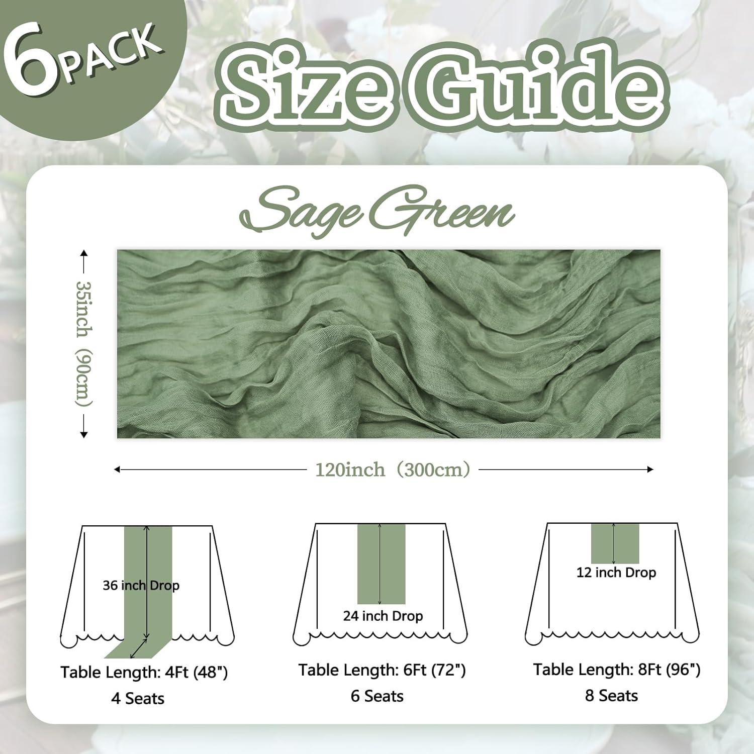 Mint Green Cheesecloth Table Runner 6 Pack 35" Boho Gauze Runner 120 inches Long Tablecloth Runner Rustic Sheer Fabric Bulk for Baby Shower Wedding Bridal Birthday Party Table Decorations