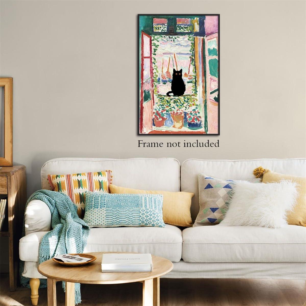 Henri Matisse Oil Paintings on Canvas Wall Art Matisse Famous Open Window Black Cat Poster Funny Cat Floral Print Colorful Farmhouse Gallery Aesthetic Room Decor for Bedroom Bathroom 12x16in Unframed