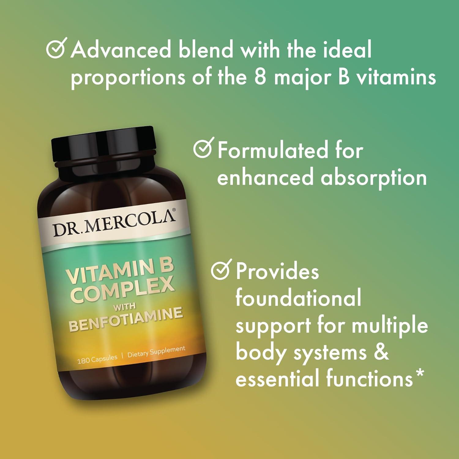Dr. Mercola Vitamin B Complex, 90 Servings (180 Capsules), with Benfotiamine, Dietary Supplement, Supports Energy Production, Non-GMO
