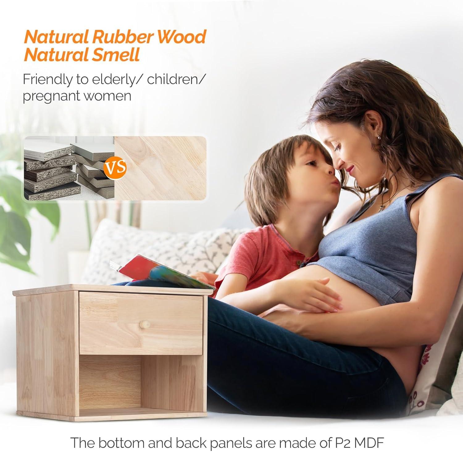 Natural Rubber Wood Floating Nightstand with Drawer and Shelf, Set of 2