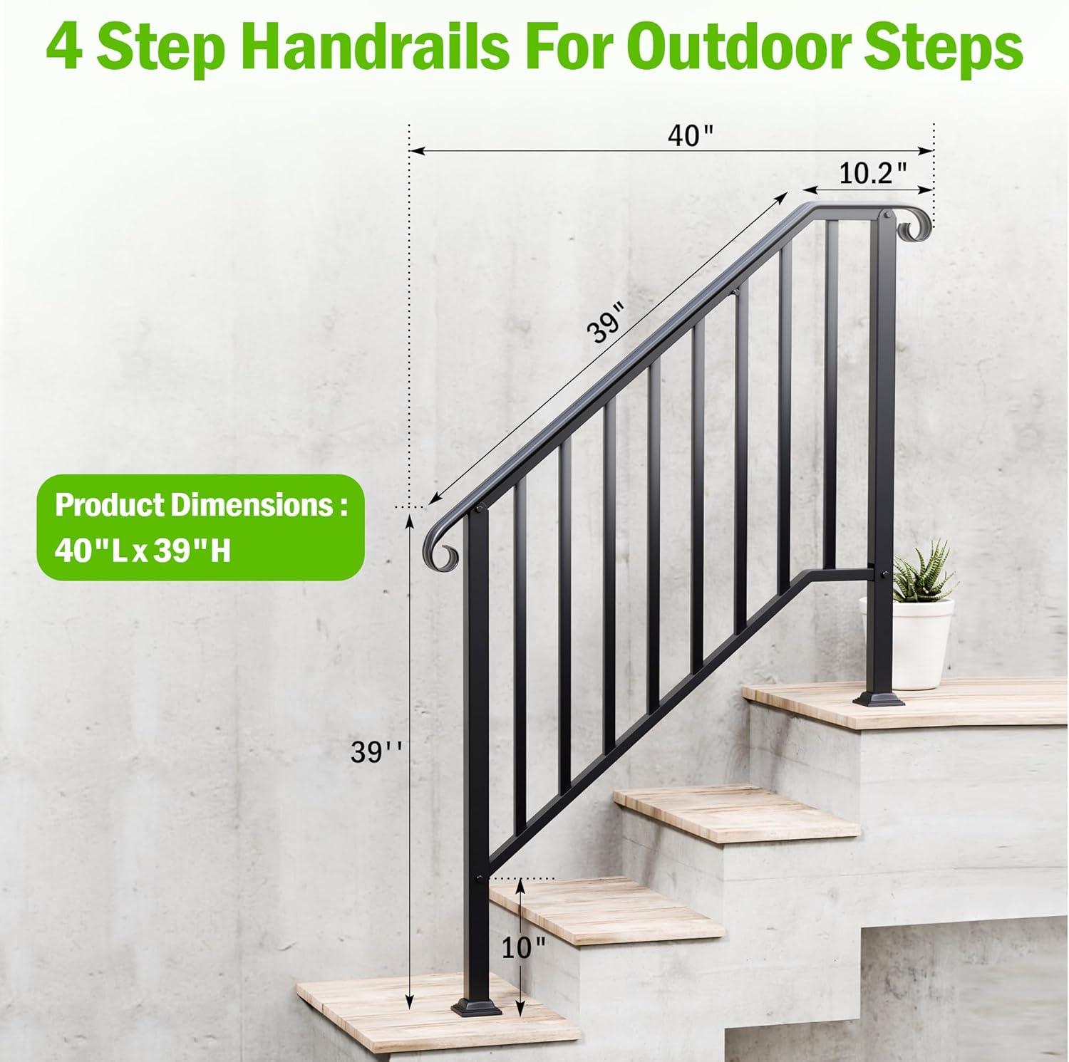 HLL Handrails for Outdoor Steps, Black Wrought Iron Handrail Fits 4 or 5 Steps, Transitional Handrail with Installation Kit, Stair Railing for Concrete Steps or Wooden Stairs