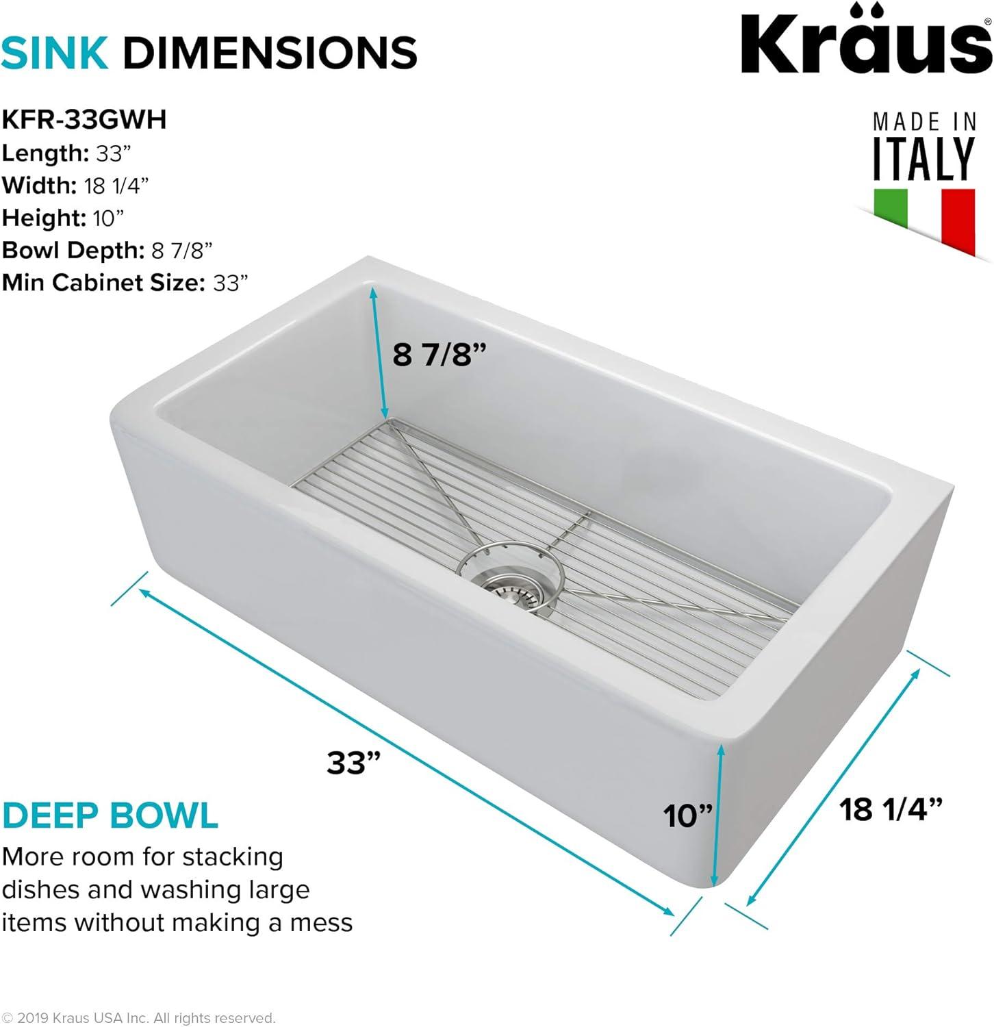 KRAUS Turino™ Reversible 33-inch L Fireclay Farmhouse Flat Apron Front Single Bowl Kitchen Sink with Bottom Grid