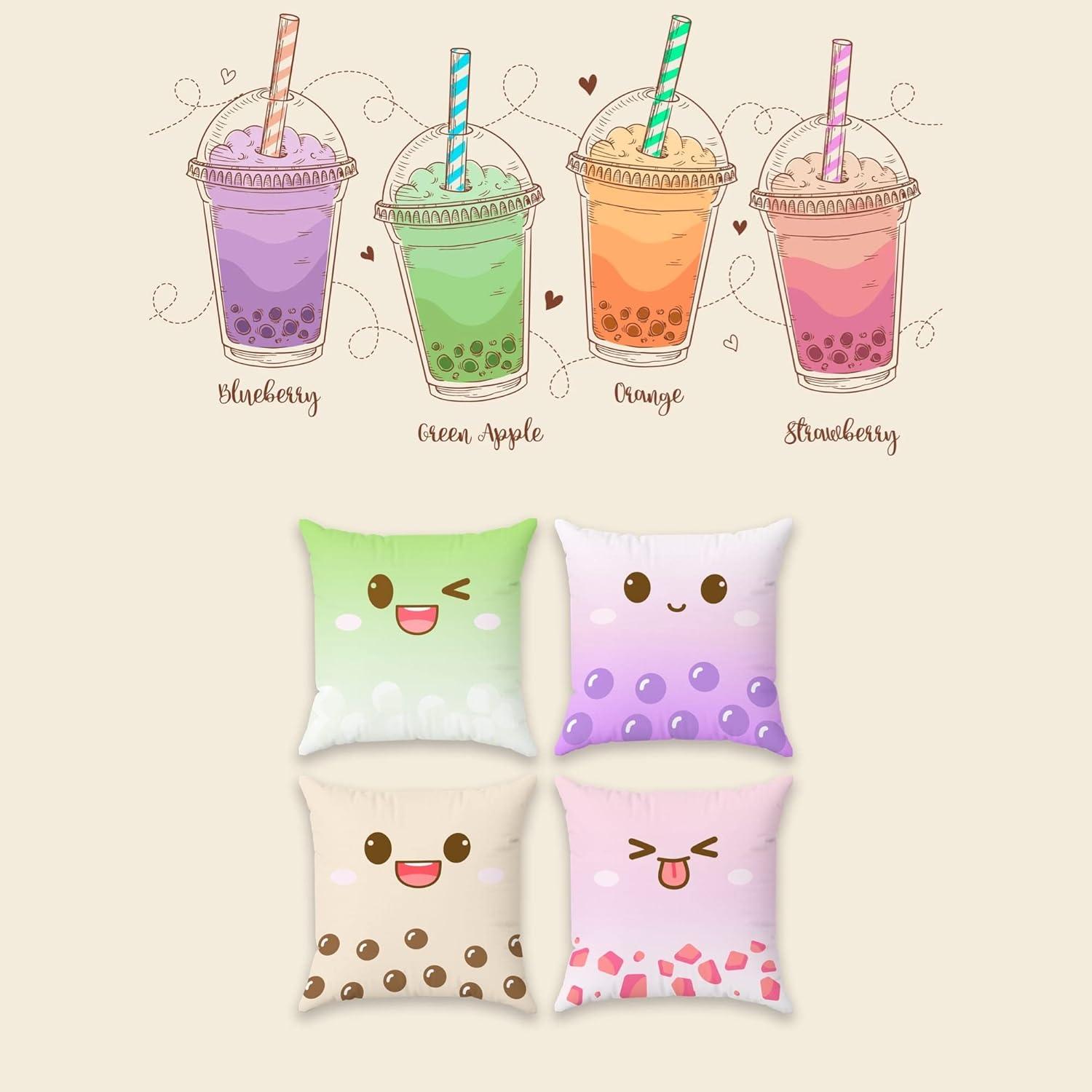 Kawaii Boba Tea Cartoon Faces Pillow Covers Set