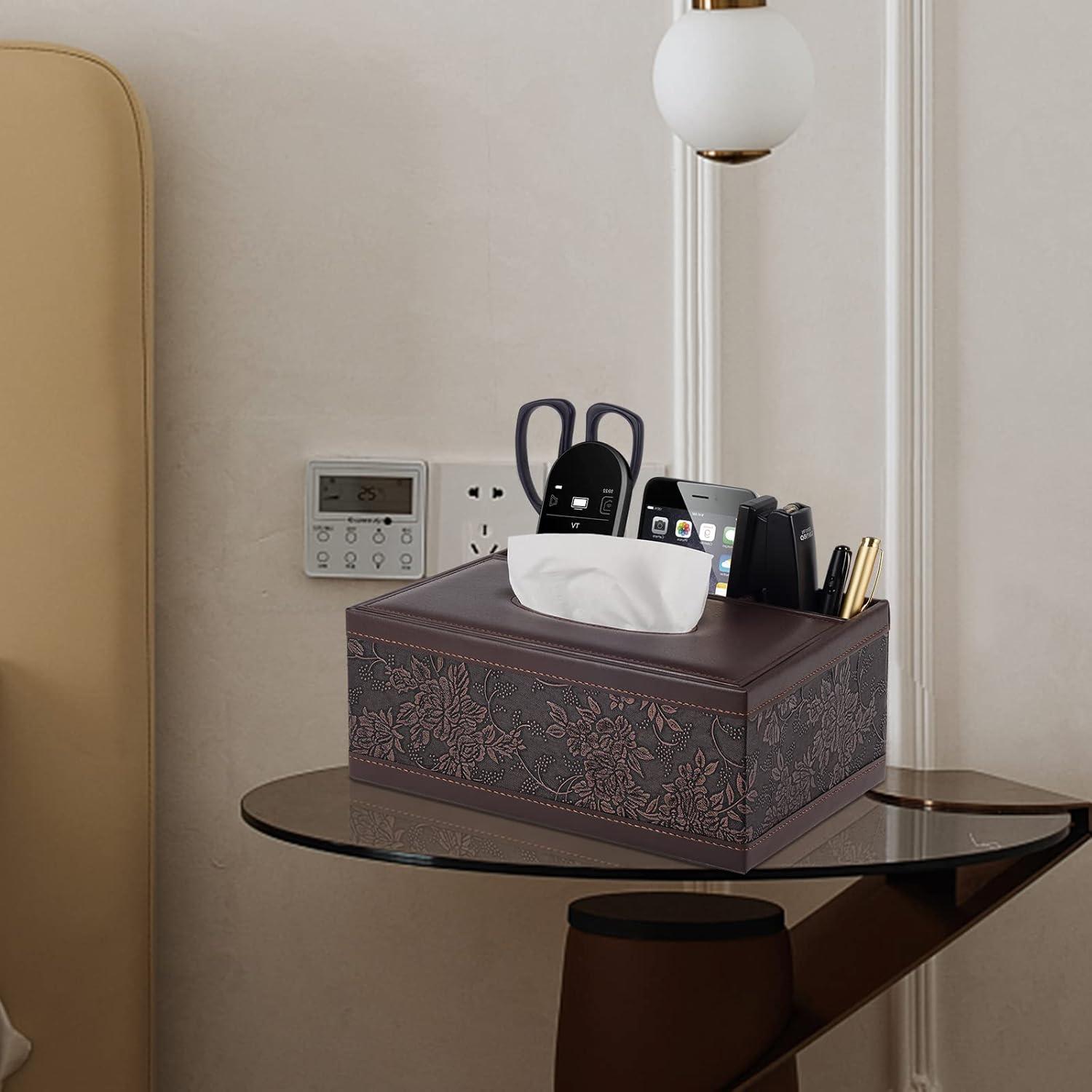 Tissue Box Cover Rectangle Retro Tissue Box Holder PU Leather Facial Tissues Organizer,Multifunctional Remote Control Stationery Storage Box,Home Office Supplies Car Napkin Caddy