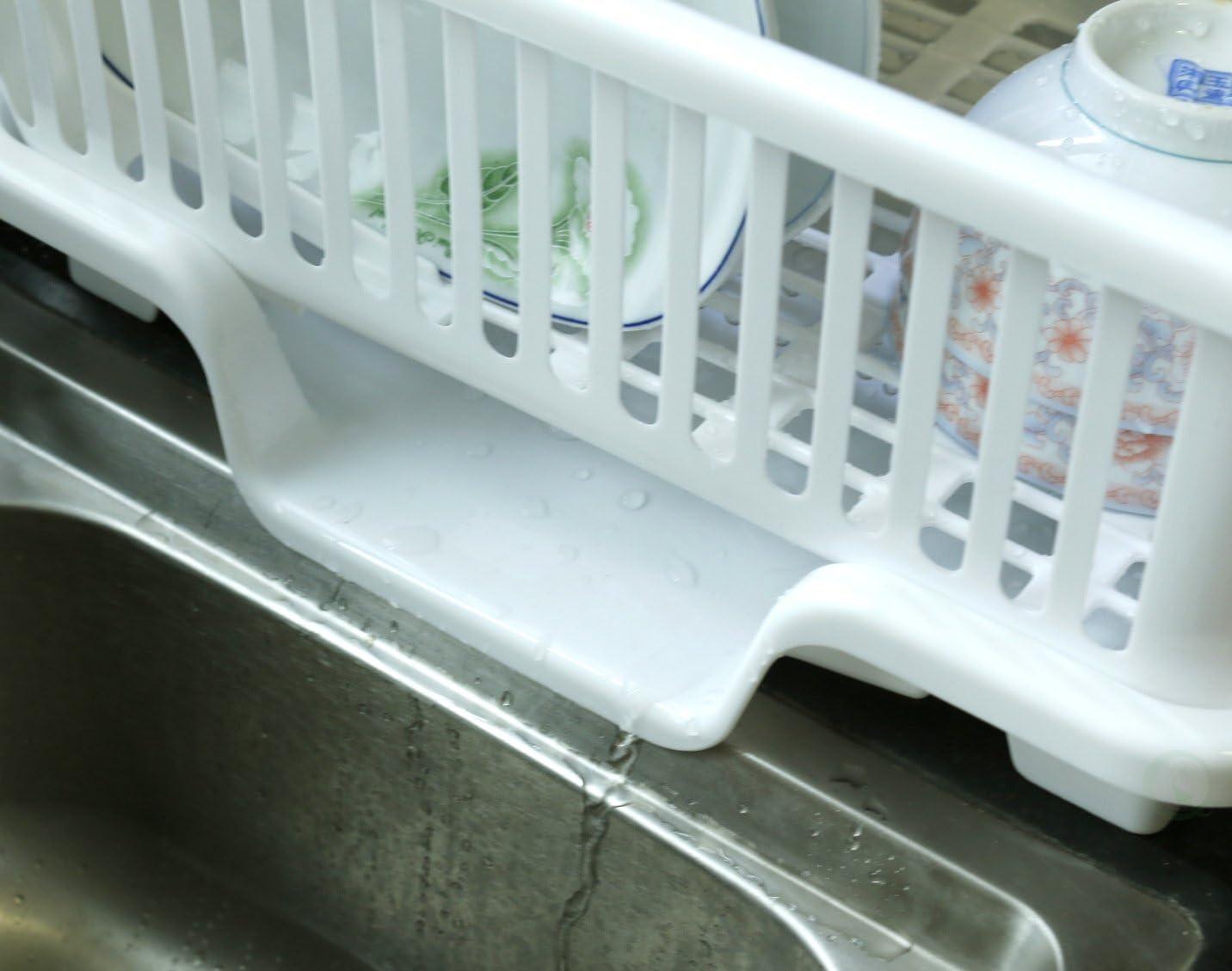 Basicwise Heavy Duty 2-Piece Plastic Dish Drying Rack Set in White - Includes Large Dish Drainer, Attached Drainboard, and Utensil Cup Holders for Home Kitchen Countertop Organization