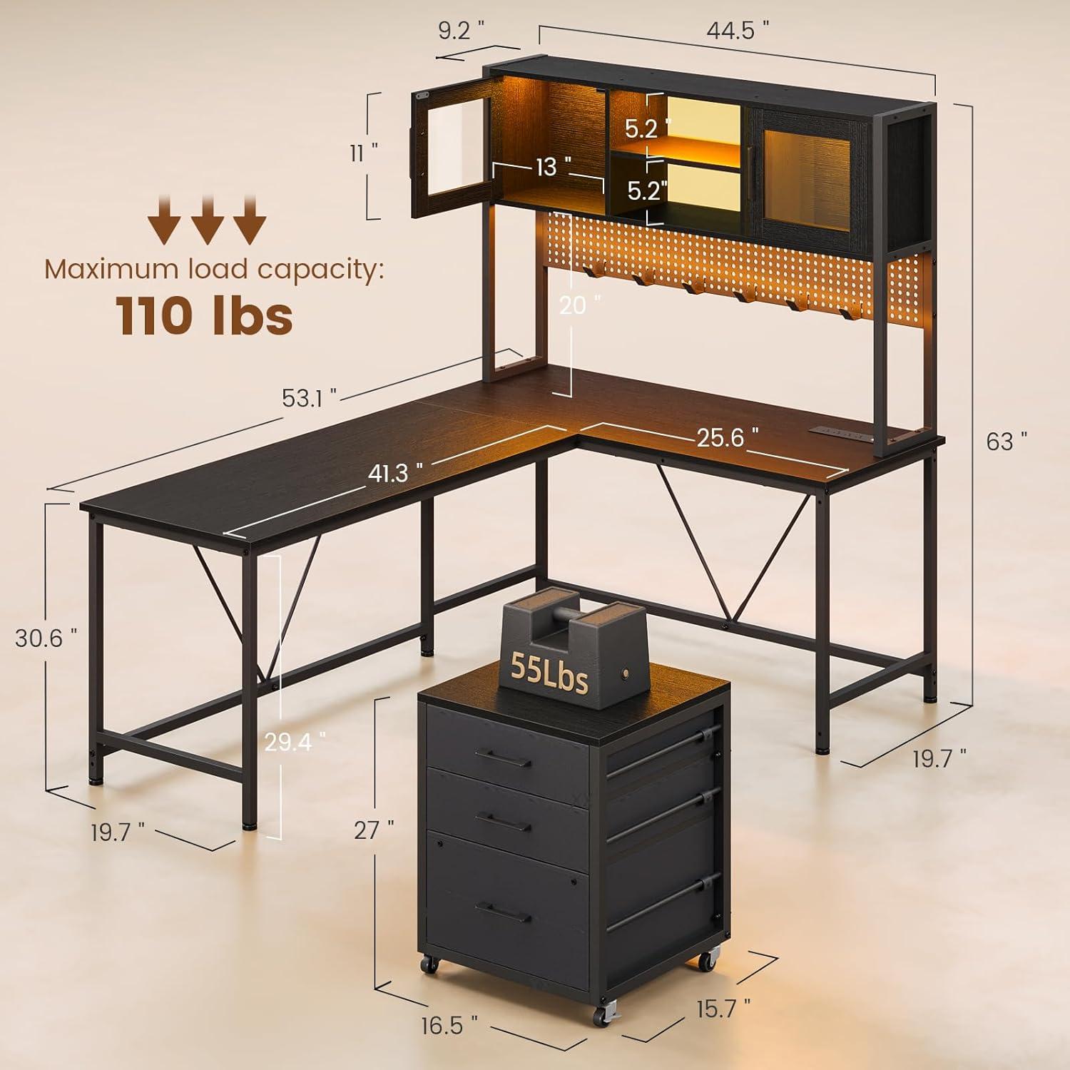 L-Shaped Computer Desk with LED Lights & Hutch & Pegboard, Reversible Gaming Desk with Monitor Stand & Drawers for Home Office, Black