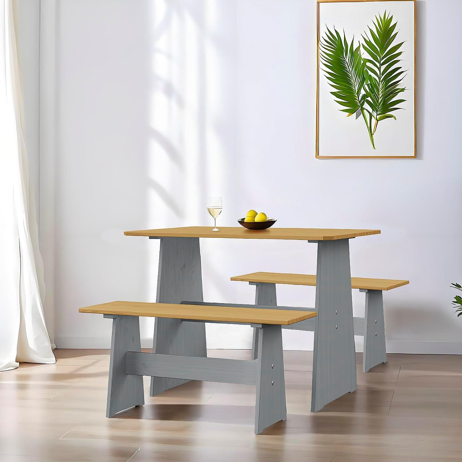 Urban Home Furniture Chapman 3 Piece Casual Dining 2-Tone Natural/Grey Solid Pine Wood Kitchen Table Set with 2 Benches, Kitchen Dining Set