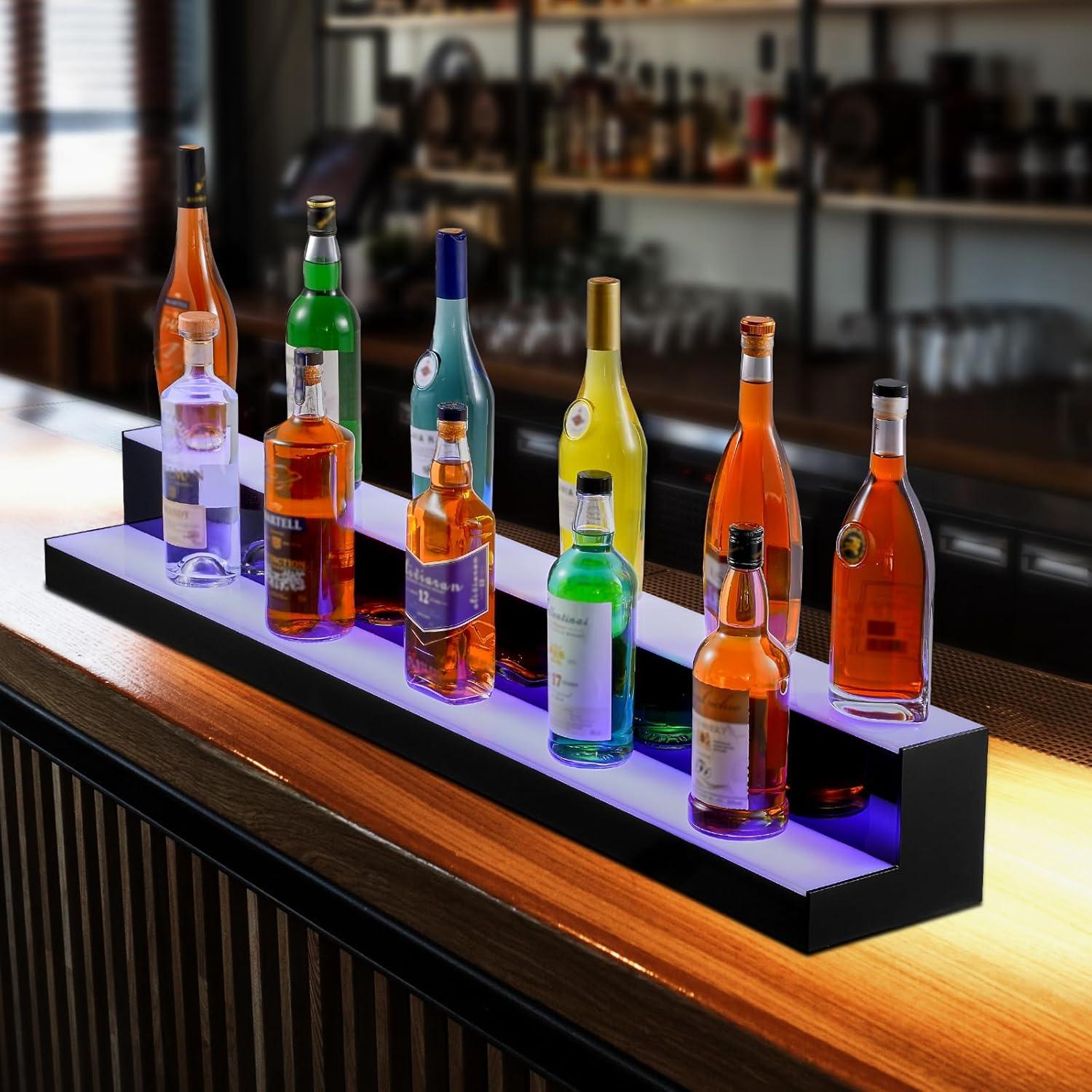VEVOR LED Lighted Liquor Bottle Display, 2 Tiers 48 Inch Commercial Illuminated Home Bar Shelf, 2 Steps Whiskey Rack Stand, Acrylic Drink Shelves with RF Remote & App Control, and Multicolor Lighting