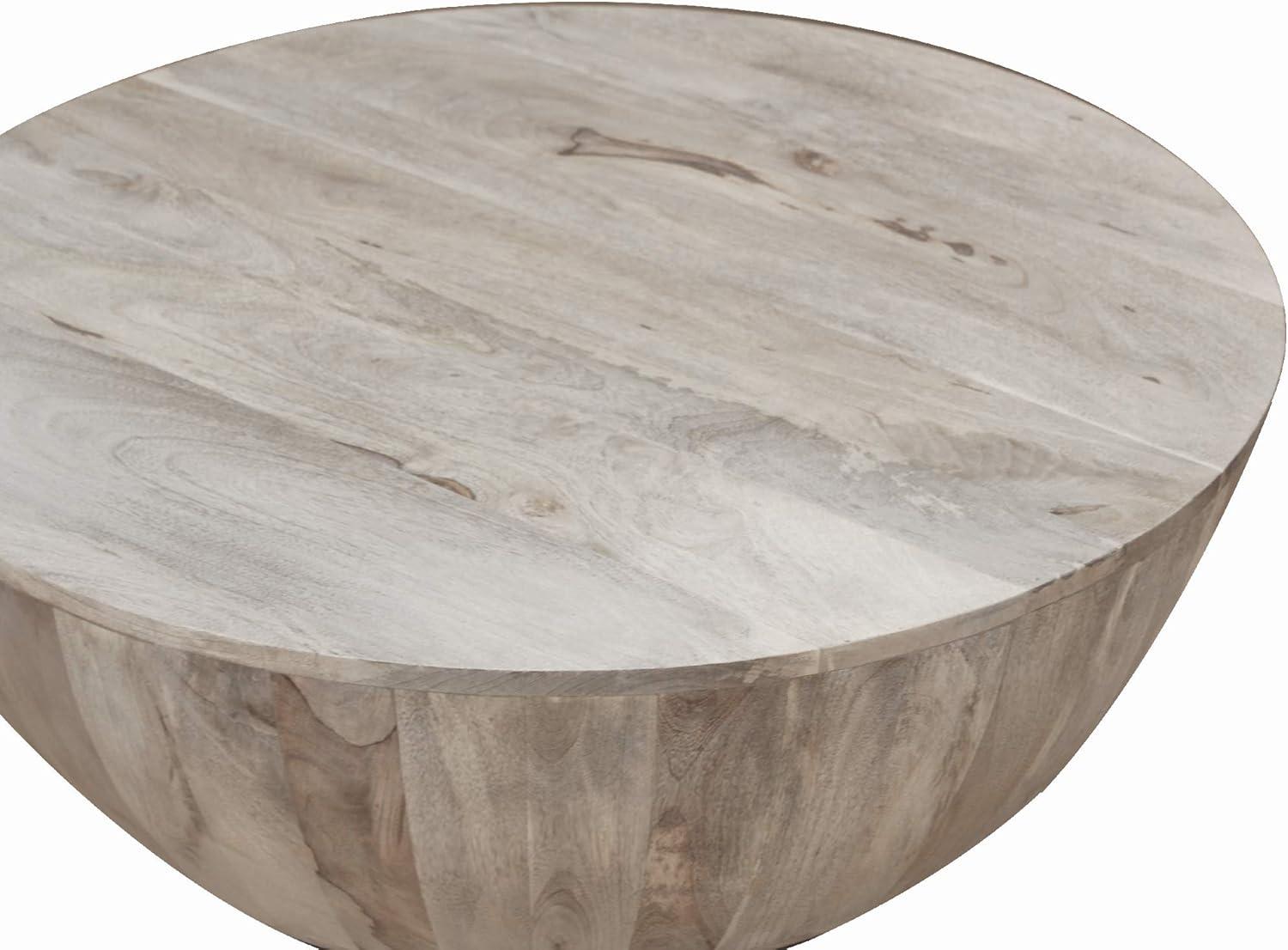 12 Inch Round Mango Wood Coffee Table, Subtle Grains, Distressed White - Saltoro Sherpi