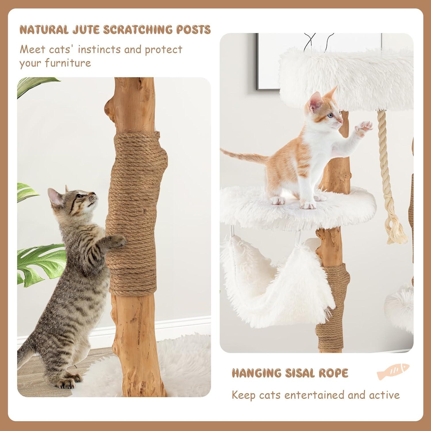 Tangkula 34" Tall Wooden Cat Tree Solid Wood Cat Tower with Jute Scratching Posts