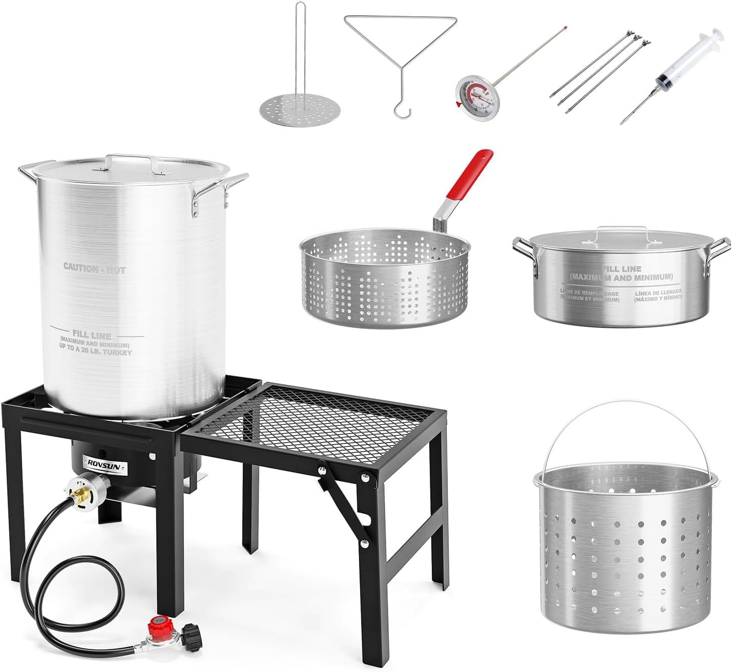 ROVSUN 30QT Turkey Fryer & 10QT Fish Fryer with 55000BTU Propane Burner, Outdoor Deep Fryer & Seafood Crawfish Boiler Steamer Pot with Thermometer, Marinade Injector, Turkey Rack & Rack Lifter