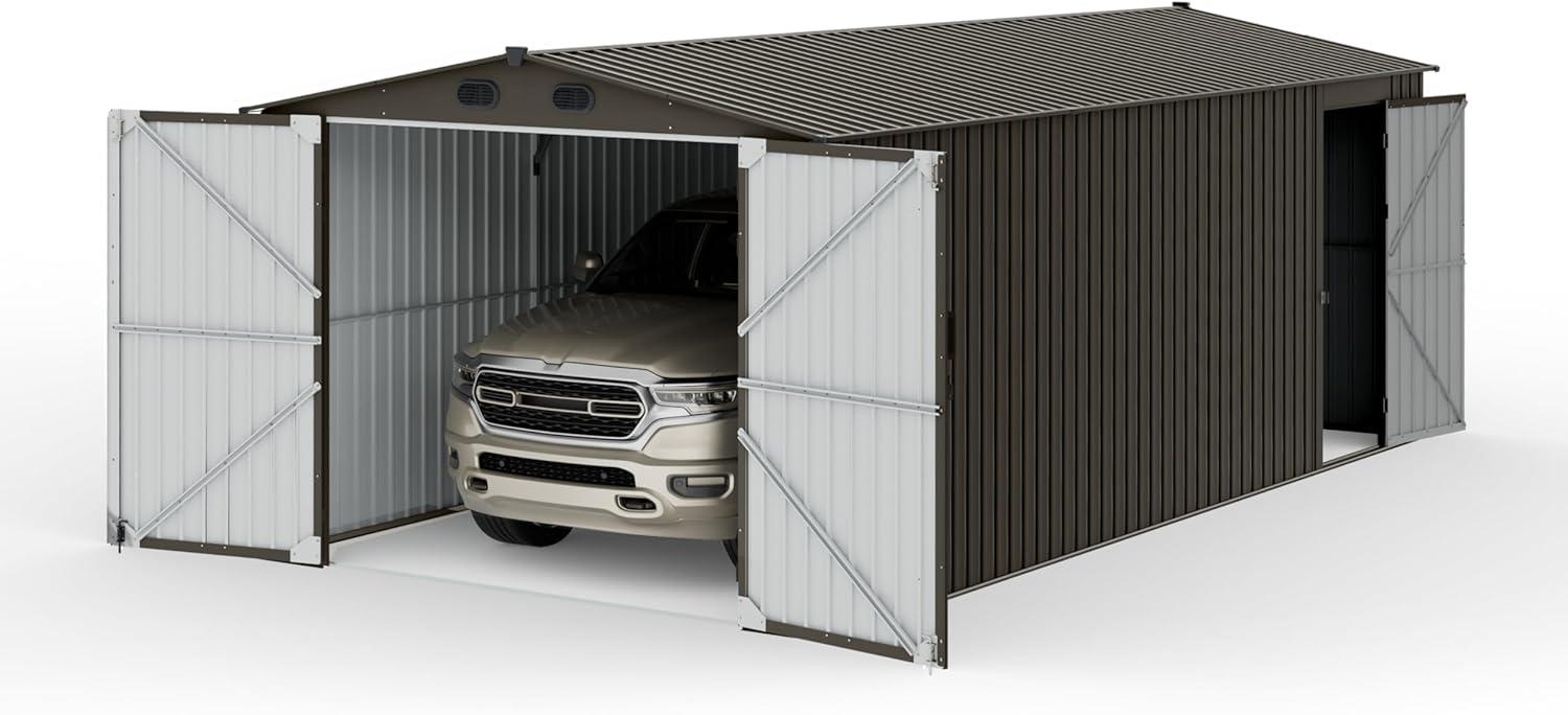 Sunjoy 10' x 20' Tan Metal Outdoor Storage Shed with Dual Doors